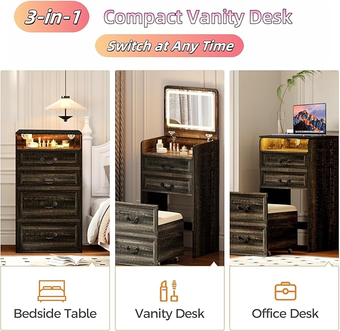 Makeup Vanity, 3-in-1 Vanity with Flip-Top Mirror, Visible Glass Desktop & 3-Color Lighting, 20'' Intelligent Makeup Desk with USB Charging Station & Hidden Storage Stool for Bedroom, Brown