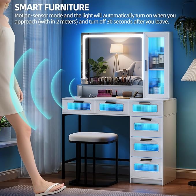 LED Make Up Vanity Desk with Mirror and Light, Smart Dressing Table with 6 Drawers, 3 Shelves, 24 Color Lighting Modes, Cushioned Stool, USB Type-C Storage for Bedroom Dressing Room White