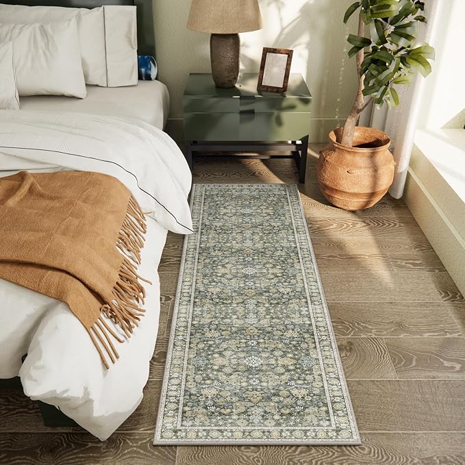 2'x6' Washable Runner Rug Utral Soft Lightweight Vintage Boho Distressed Non-Slip Backing,Low Pile Stain Resistant Farmhouse Rug for High-Traffic Hallway, Kitchen & Laundry