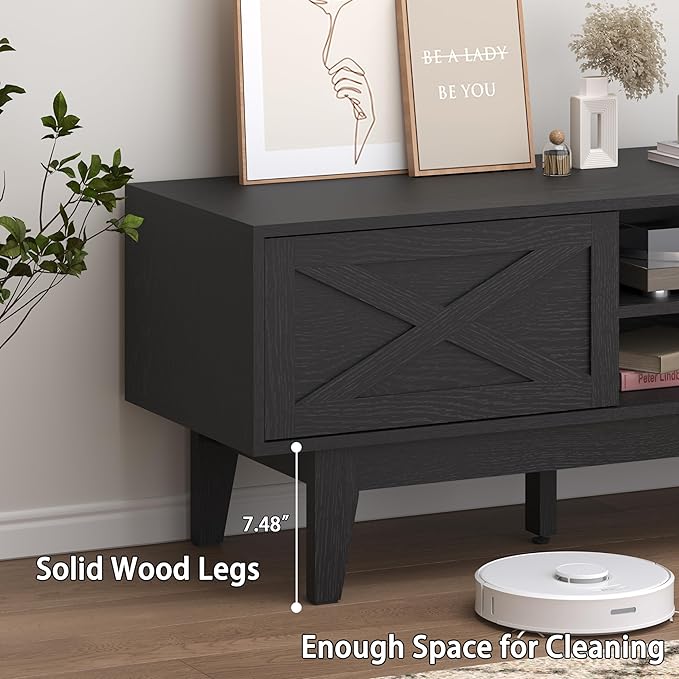 TV Stand for 55/60/65 Inch TV, Farmhouse Entertainment Center with Shelves, Cabinets and Sliding Doors, Rustic TV Media Console Table with Solid Wood Feet & Cord Holes for Living Room, Bedroom, Black