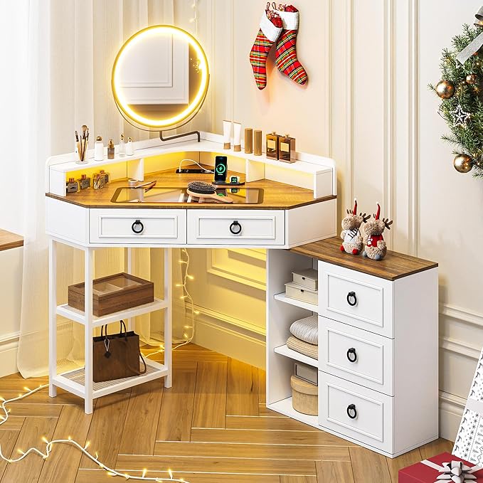 Corner Vanity Desk with Lighted Rotating Mirror and Lights, Glass Top Makeup Vanity with Corner Shelf&5 Drawers, Girls Vanitys with Charging Station,Jewelry Organizers for Bedroom,White