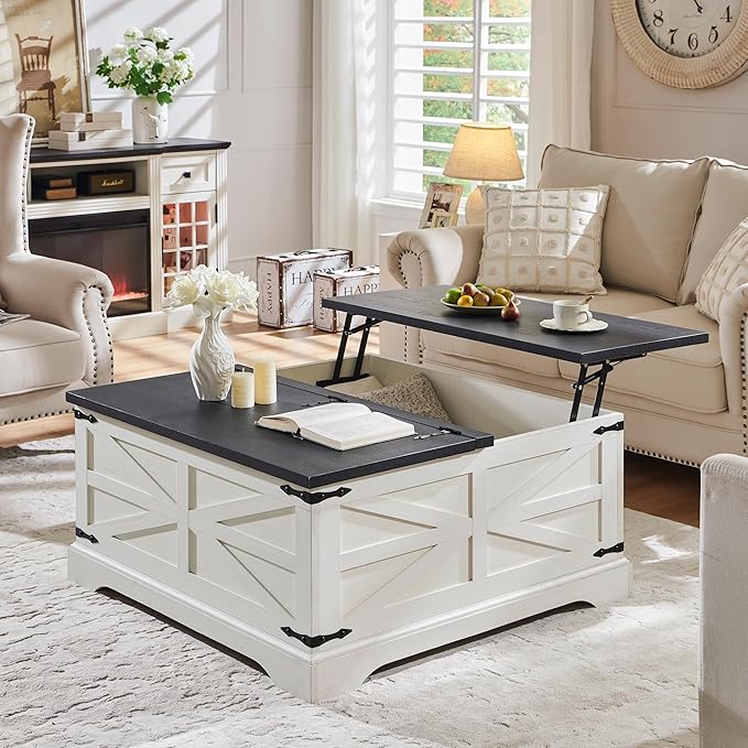 JXQTLINGMU Farmhouse Lift Top Coffee Table with Storage, 36" Wood Square Center Table with Large Hidden Compartment, Rustic Lift Tabletop Dining Table for Home Living Room, White