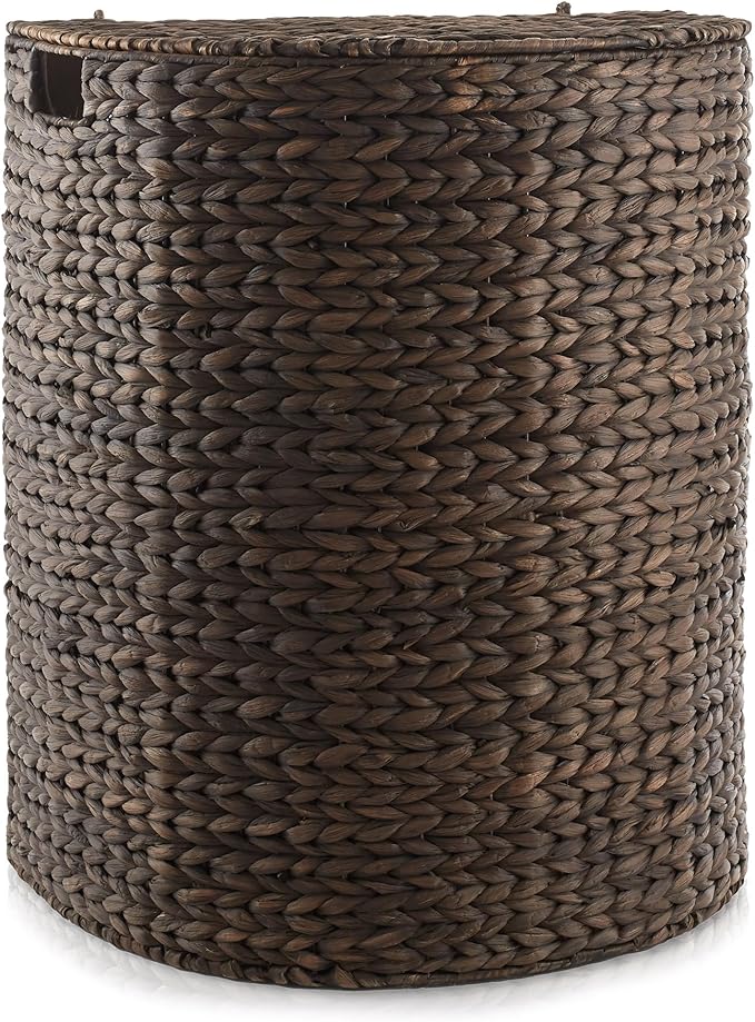 Casafield Half Moon Laundry Hamper with Lid and Removable Liner Bag - Espresso, Woven Water Hyacinth Laundry Basket for Clothes and Towels