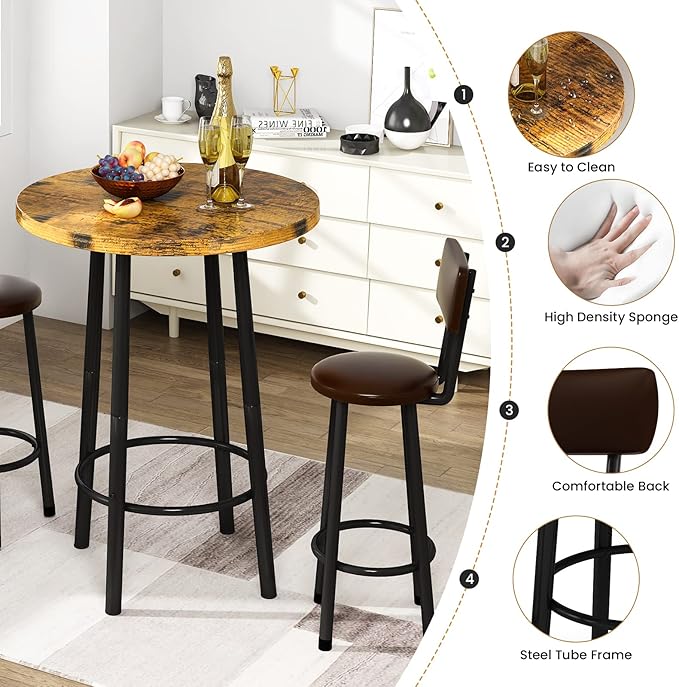 Recaceik 3 Piece Pub Dining Set, Modern Round bar Table and Stools for 2 Kitchen Counter Height Wood Top Bistro Easy Assemble for Breakfast Nook Living Room Small Space Restaurant, Rustic Brown 23.6"