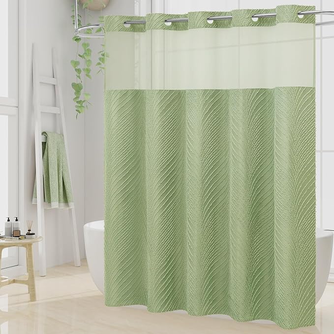 No Hook Extra Long Shower Curtain Set with Snap-in Liner, 86 inch XL Boho Sage Green Fabric Shower Curtains for Modern Bathroom Decor, Hotel Style Shower Curtain with See Through Top Window