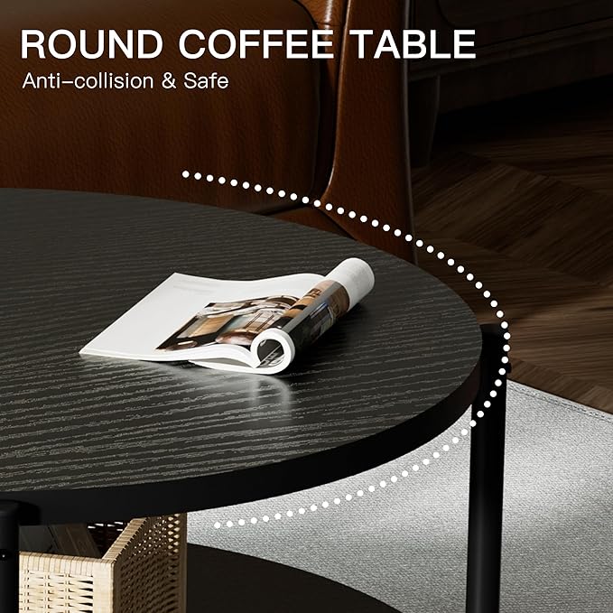Round Coffee Table, 27.6" Circle Coffee Table for Living Room, 2-Tier Wood Accent Center Table with Open Storage Industrial Design Home Furniture, Black