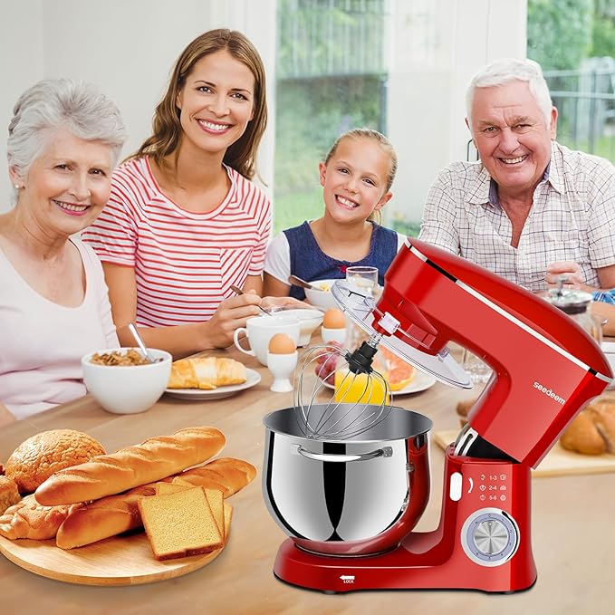 SEEDEEM Stand Mixer, 8.5 Qt 660W Tilt-Head Kitchen Mixer with 6+P Speeds, Dough Hook, Wire Whip & Beater, Dishwasher-Safe Attachments, Red – Ideal for Baking & Daily Use, Red