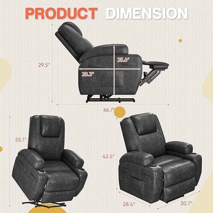 Electric Power Lift Recliner Chair with Massage for Elderly Corduroy Fabric Recliner Single Sofa with Cup Holders, Side Pockets and Remote Control for Living Room Bedroom (Leathaire, Dark Gray)