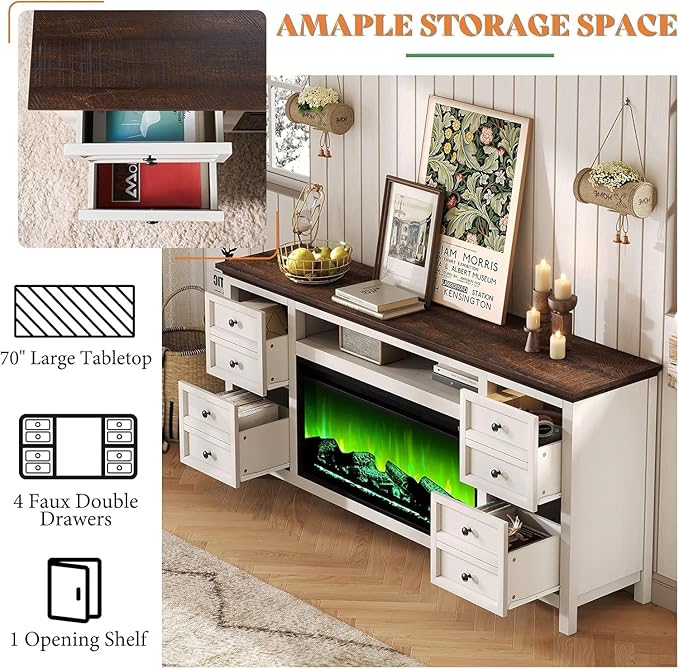 AMERLIFE 70" Farmhouse TV Stand with 37" Fireplace for 80" TVs - Dresser TV Stand w/Heater, 4 Storage Drawers, Rustic Media Entertainment Center for Living Room, Bedroom, White