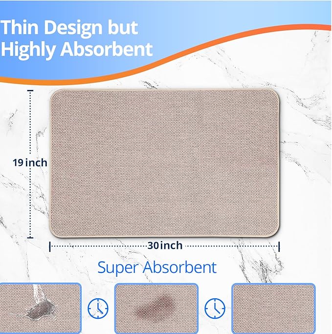 Upgraded Thin Bathroom Rugs, Bath Mat Super Absorbent, Bath Rugs Rubber Backing Non-Slip, Quick Dry Machine Washable, Cozy Cloth Bathroom Mat fit Under Door/Sink/ Bathtub/Shower/Kids 19''x30''-Biege