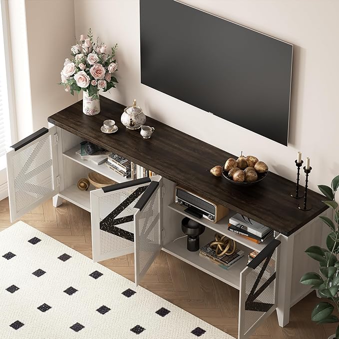 VFK 70 Inch Farmhouse TV Stand for 75 Inch TV, Rustic Entertainment Center with 4 Doors, Wood Media Console Cabinet with Storage, Living Room TV Cabinet