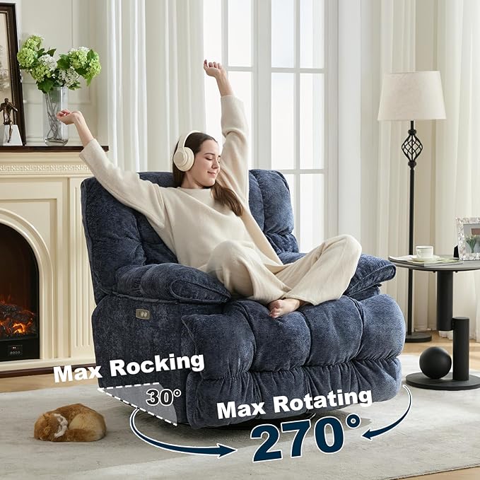 GINGO Power Oversized Recliner Chair, Extra Wide Swivel Rocking Recliner Chair, Breathable Soft Fabric Modern Single Sofa for Living Room, 90°-140° Electric Adjustable Angle, USB & Type-C Port, Blue
