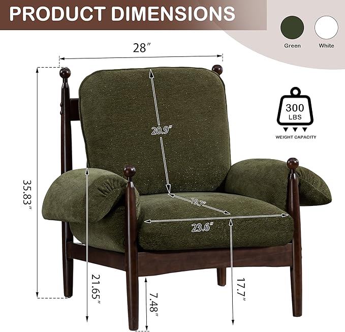 Mid Century Modern Accent Chair with Arms, Upholstered Spindle Chair with Wood Frame, High-Resilience Sponge Cushion for Living Room Bedroom Office