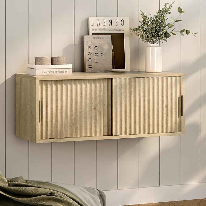 Fluted Floating TV Stand Set of 2, 30" Multi-Purpose Modern TV Display Shelf Console Entertainment Center Cabinet with Sliding Doors for Bedroom Living Room Entryway, Light Oak