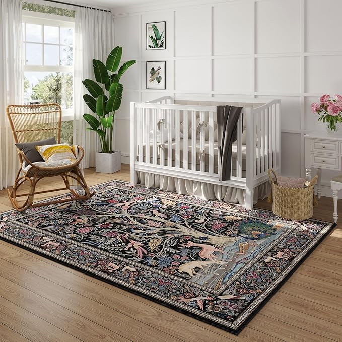 3x5 Rug Vibrant Tree of Life-Patterned Vintage Non Slip Low Pile Small Carpet for Bedroom Bedside Kitchen Entryway Kids Room Office College Dorm Essentials for Girls, Black