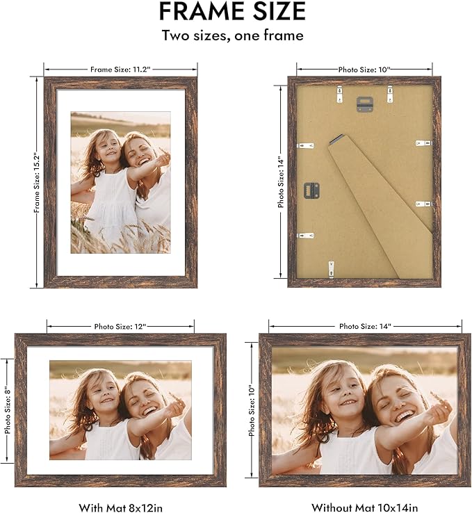 10x14 Picture Frame with Real Glass - 8x12 Wooden Frame with Mat, Horizontal and Vertical Display for Wall or Tabletop (Rustic Brown, 1 Pack)