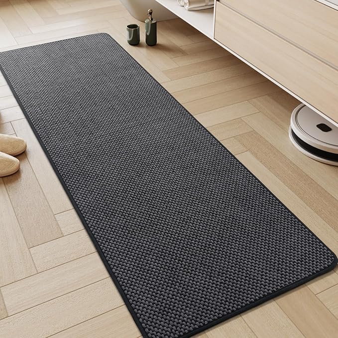 AMOAMI Chenille Bath Mat Super Absorbent Bathroom Mat Quick Dry Low Pile Bath Mats for Bathroom Washable Rubber Backed Bathroom Runners Fit Under Door, Front of Bathtub, Sink, Darkgrey&Black 17"x59"