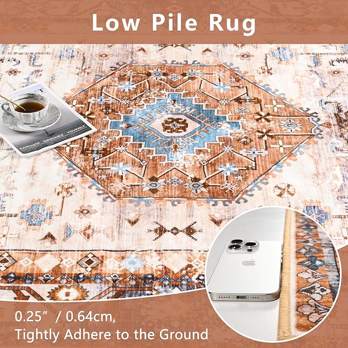 8x10 Area Rugs for Living Room, Non Slip Large Vintage Floral Rug for Bedroom Dining Room Farmhouse Classroom Kids Playroom Home Decor,Orange