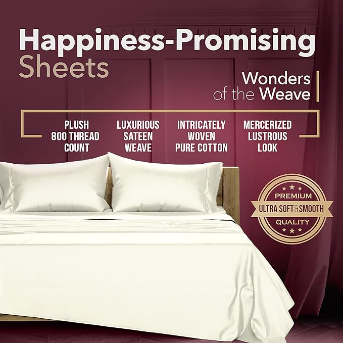 TEXAS LINEN CO. 100% Egyptian Cotton Sheets Queen Size Bed Set - 4 PC 800 High Thread Count Egyptian Cotton Queen Sheet Set (Sand), Soft, Cooling, 16" Deep Pocket Sateen Weave Luxury Hotel Bedsheet