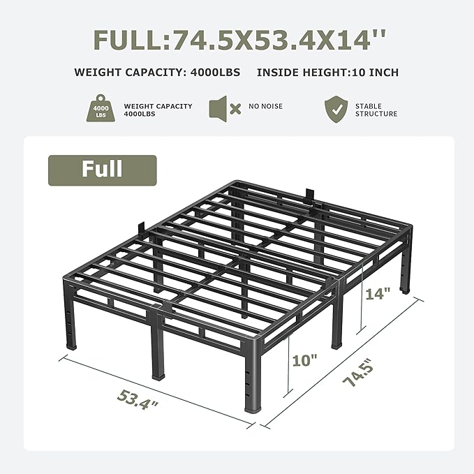 NKZ Full Size Bed Frame 14 Inch, Metal Bed Frame & Box Spring 2 in 1 Platform with Round Corner Legs, 4000lbs Weight Capacity Reinforced Metal Frame, Headboard Hole, Noise-Free, Easy Assembly