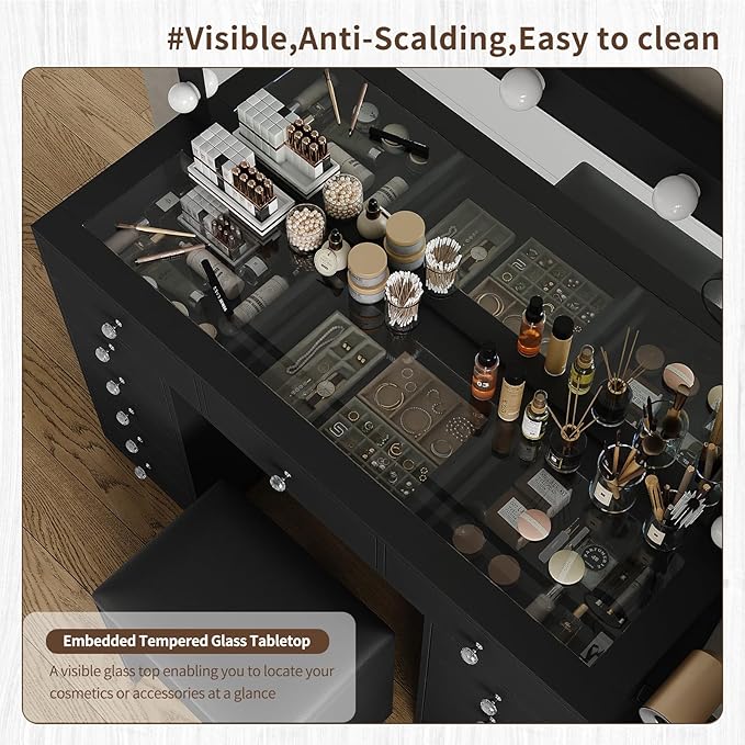 13 Drawers Vanity Desk, 47''W Makeup Vanity with Power Outlet, Vanity Table with Mirror and 12 LED Bulbs, 3 Color Lighting Modes, Glass Top, Dressing Table for Bedroom (Black)