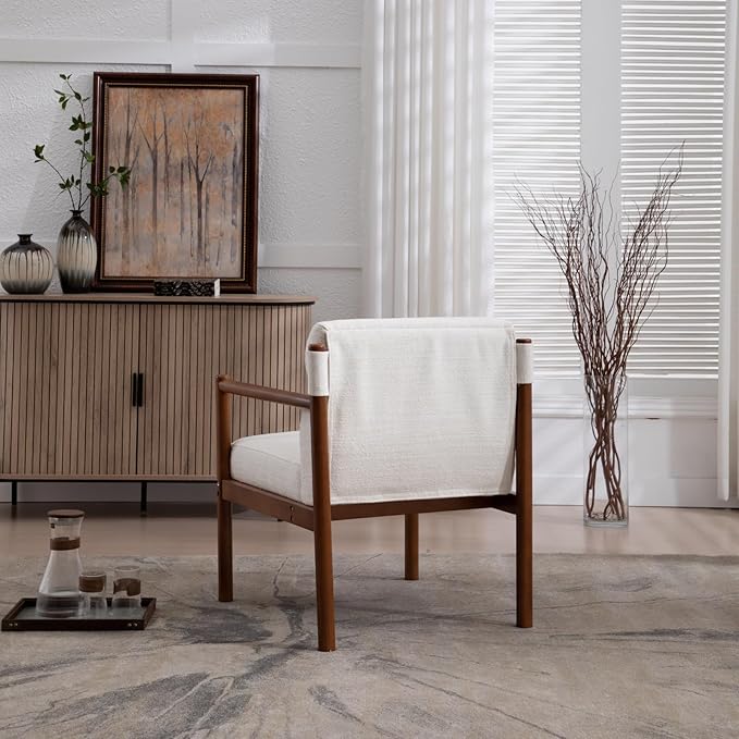 Modern Living Room Chairs Set of 2, White Upholstered Accent Chairs with Channel Tufted Back, Brown Wood Lounge Reading Arm Chairs, Linen Fabric Side Sitting Chairs for Guest Room, Balcony