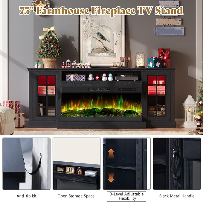 AMERLIFE 75in 3-Sided Glass Fireplace TV Stand with LED Lights for TVs up to 85", Rustic Fireplace Media Entertainment Center Console Cabinet Table with Glass Door Closed Storage, Black