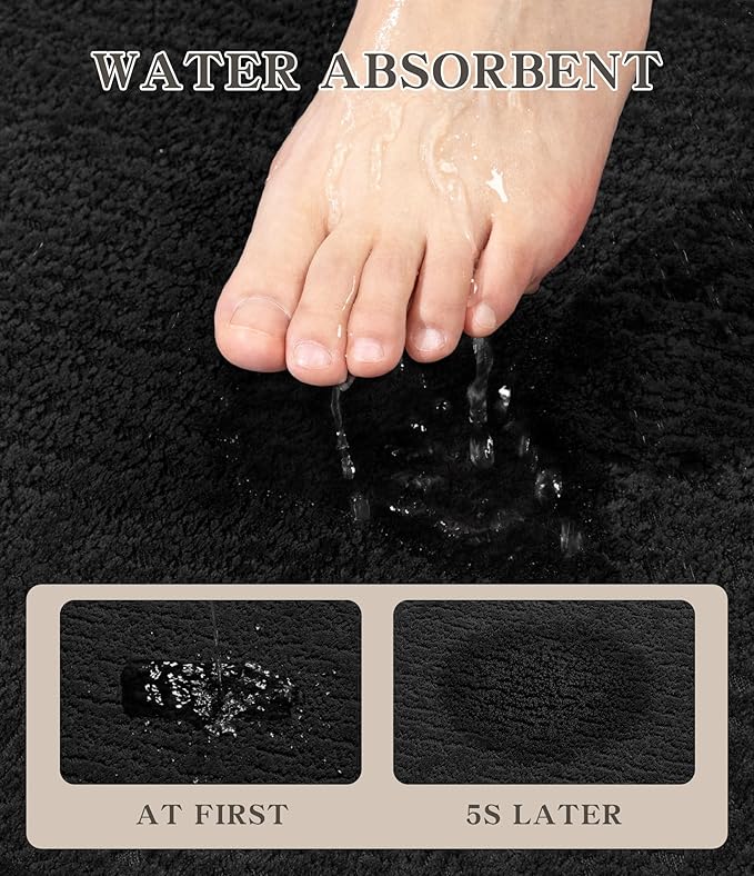 chakme Bathroom Rug Sets 2 Piece, Ultra Thin Bath Mat Quick Dry Bath Mat, Absorbent Bath Mat for Bathroom Non Slip Machine Washable, (Black)