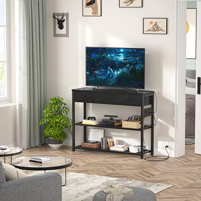 Ecopriso 47'' Entryway Table with Outlets and USB Ports, Console Table with 3 Drawers, Sofa Table Narrow Long with Storage Shelves for Living Room, Couch, Hallway, Foyer, Kitchen Counter, Black