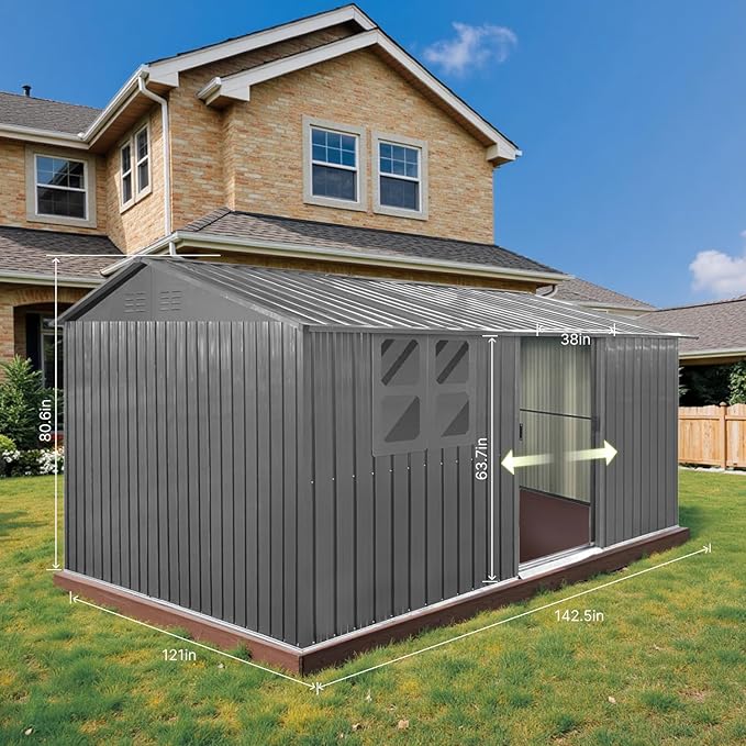 12 x 10 FT Outdoor Storage Metal Shed, Bike Garden Tool Shed with Slooping Roof, Lockable Doors and Aluminum Frames, Shed Easy to Assemble for Garden, Patio, Lawn, Grey