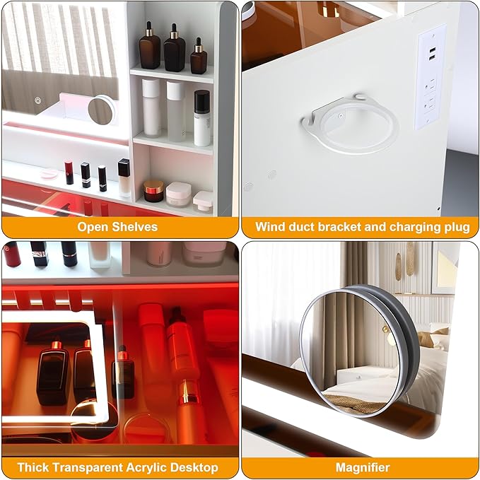 Vanity Desk，Transparent Desktop, Multiple Color Ambient Lights, with Mirror and Tri Color Light Strip, Dressing Table with Charging Station, Equipped with 2 Drawers, White