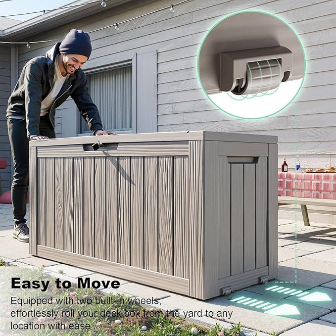 Vixzen 75 Gallon Resin Deck Box with wheels,Lockable Outdoor Storage Box for Patio Cushions Storage Furniture,Garden Tools,Weatherproof and UV Resistant- Grey