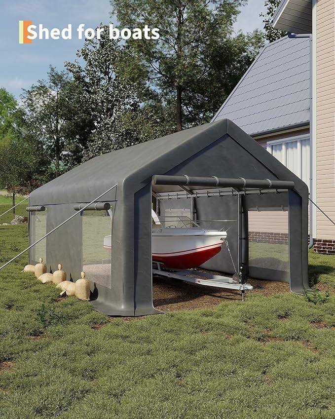 13 x 20FT Heavy Duty Carport with Roll-Up Windows, Portable Garage with Removable Sidewalls & Doors, Portable Car Tent Garage with Roll-Up Windows and All-Season Tarp, for Car, Truck,