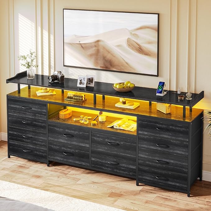 12 Drawers TV Stand Dresser for 65/70 inch TV, Entertainment Center with LED Lights & Power Outlets, 63" Large LED TV Stand, TV Console for Bedroom