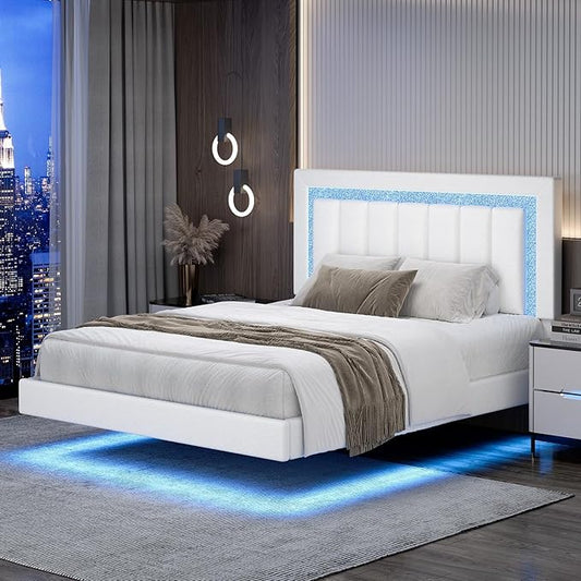 HOMBCK Floating Bed Frame Queen with Smart LED Lights, Faux Leather Upholstered Bed with Diamond PU Headboard, No Box Spring Needed, Noise-Free, Easy Assembly, White