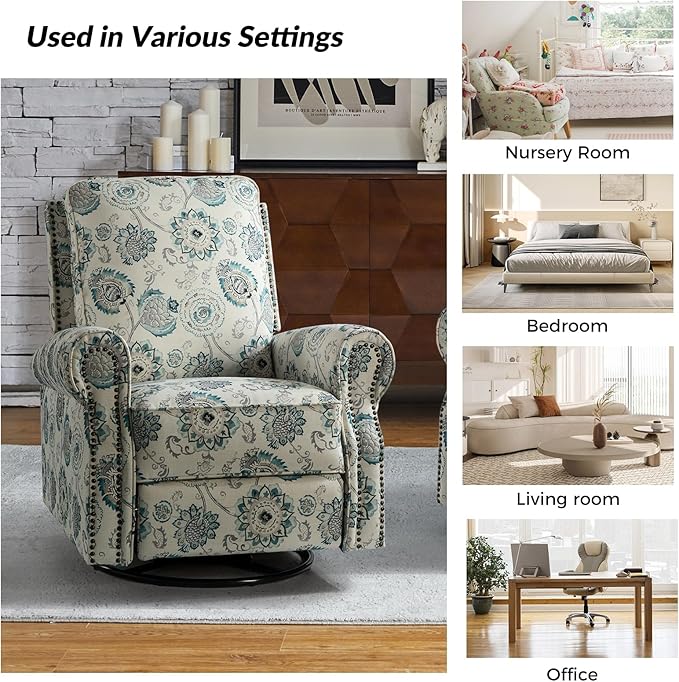 HULALA HOME Rocker Recliner Set of 2, Modern Printed Fabric Swivel Glider w/Adjustable Backrest & Footrest, Upholstered Manual Recliner Chair Home Theater Singe Sofa for Living Room Bedroom, MEDALLION