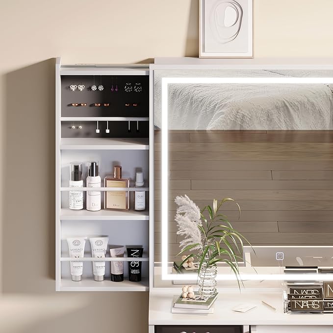 Vanity Set with Lighted Mirror, Makeup Vanity Table with 7 Drawers & Cushioned Stool, Dressing Table with Sliding Cabinet, Vanity Desk with Hidden Storage Shelves & Jewelry Rack, for Bedroom