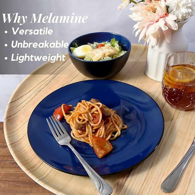 TP 18-Piece Dinnerware Set, Melamine Dishes Set with Bowls and Plates, Service for 6, Non-breakable Lightweight Dining Tableware, Blue and Black