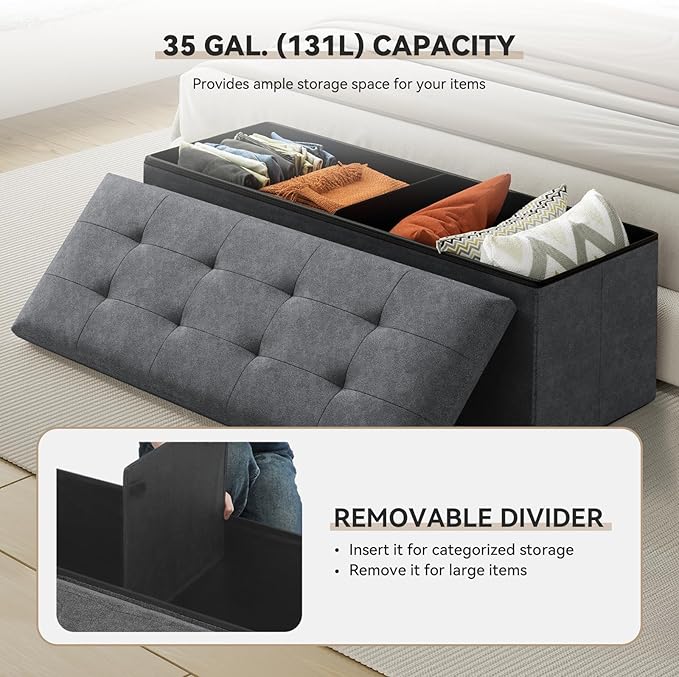 Storage Ottoman Bench, 43 Inch Ottoman Foot Rest, End of Bed Bench, Storage Chest, Load 700 lb, for Living Room, Bedroom, Entryway, Gray