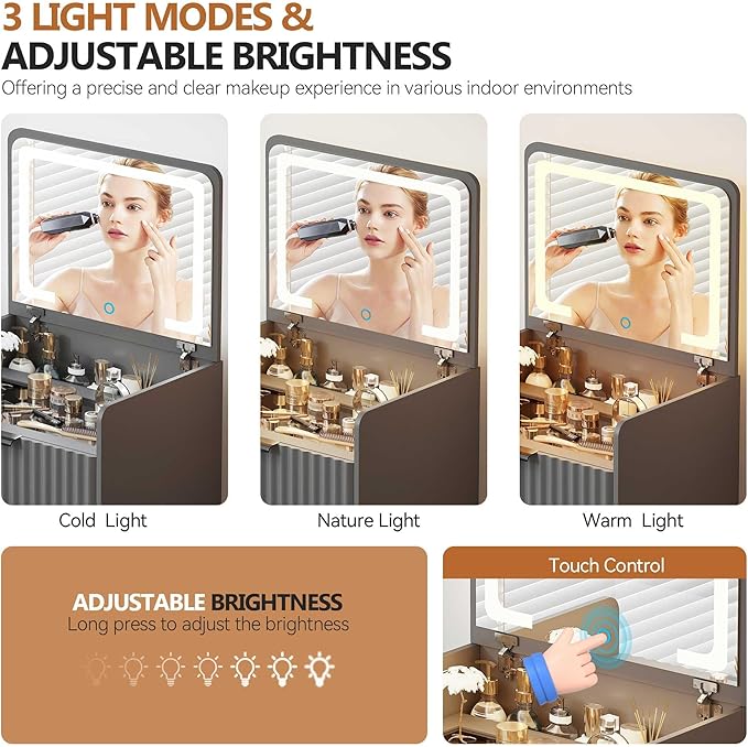 LED Compact Makeup Vanity with Flip Top Mirror, 3 in 1 Small Vanity Set with Glass Desktop, Mini Dressing Table with Storage Compartment and Cushioned Stool,3 Drawers, Bedroom Gray