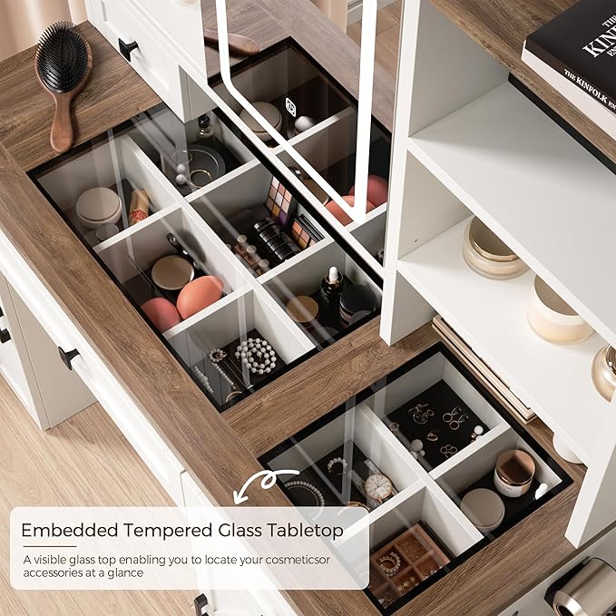 Farmhouse Makeup Vanity Desk with Sliding Mirror and Lights, Glass Desktop Makeup Vanity Desk with Charging Station, 3-Tier Hidden Slide-Out Vanity Shelves, Jewelry Storage Cabinet, 2 Drawers-White