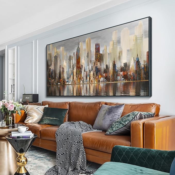 Mofutinpo Large Black Framed Cityscape New York abstract wall art Brown City Theme Paintings Modern Canvas office wall decor living room modern artwork Size 30x60