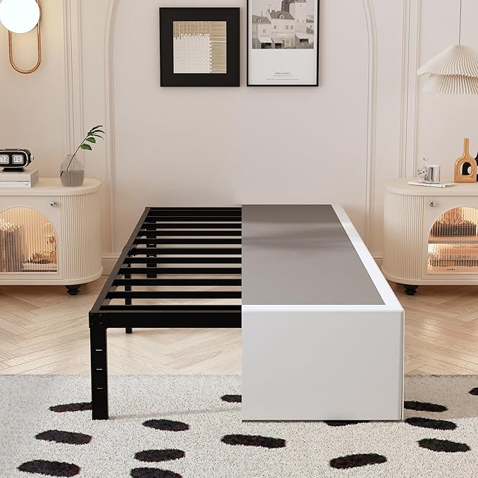 Twin Bed Frame with White Fabric Cover 14 Inch, Heavy Duty Metal Bed Frame Twin, No Box Spring Needed, Support Up to 2500 lbs, Easy Assembly, Noise Free, Black