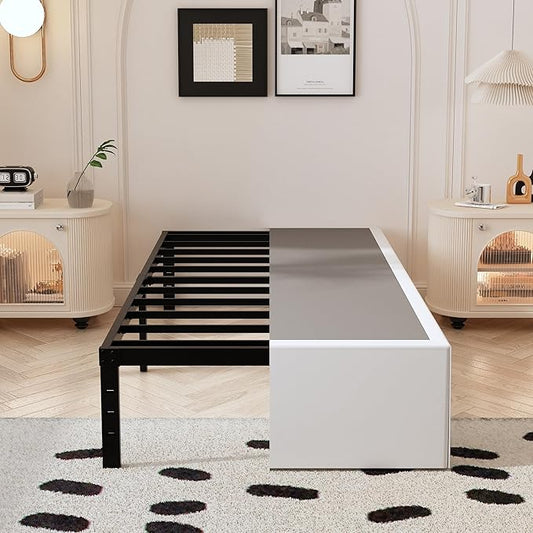 Twin Bed Frame with White Fabric Cover 14 Inch, Heavy Duty Metal Bed Frame Twin, No Box Spring Needed, Support Up to 2500 lbs, Easy Assembly, Noise Free, Black