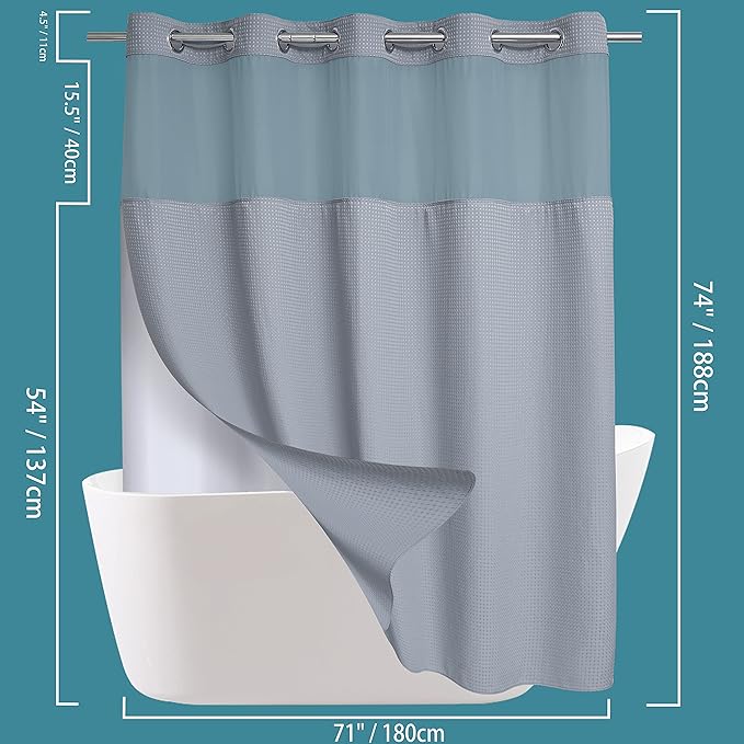 Conbo Mio No Hook Waffle Weave Shower Curtain with Snap in Liner Set, Hotel Luxury Grey Shower Curtains for Bathroom with See Through Top Window, Waterproof, Washable 71W x 74H