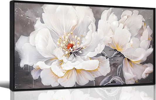 Flower Canvas Wall Art for Living Room - Modern White Wall Art for Bedroom - Black Framed Wall Art Size 20" x 40"