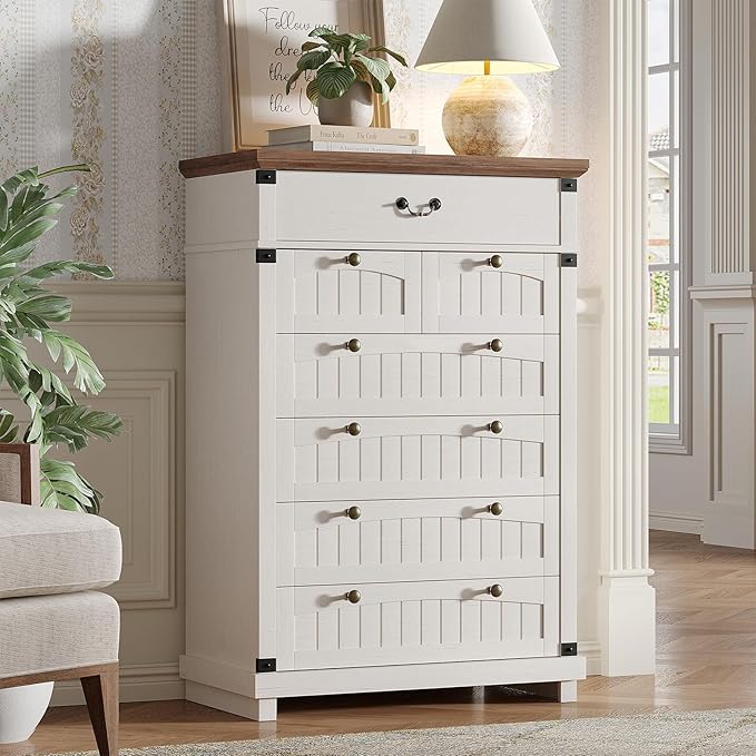 Maupvit Farmhouse 7 Drawer Dresser for Bedroom, 47" Tall Dresser Wood Chest of Drawers, Organizer Drawers for Bedroom, Living Room, Storage Room, Antique White