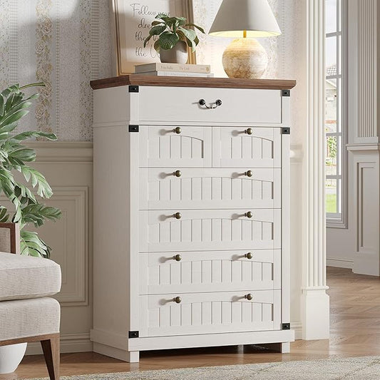 Maupvit Farmhouse 7 Drawer Dresser for Bedroom, 47" Tall Dresser Wood Chest of Drawers, Organizer Drawers for Bedroom, Living Room, Storage Room, Antique White