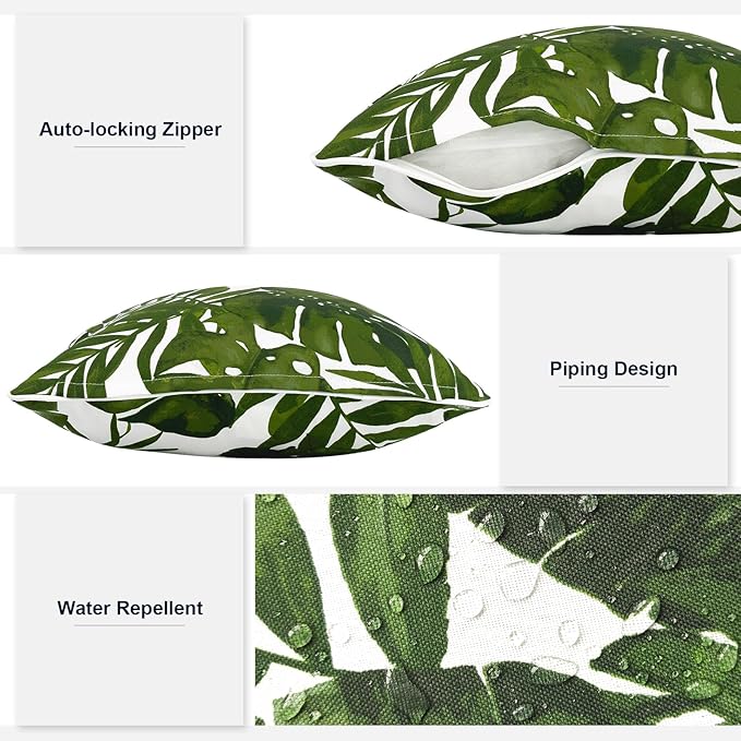 Outdoor Throw Pillows Inners, Fade Resistant Patio Furniture Square Pillows with Piping Set of 2, 18x18 Inch, Palm Green