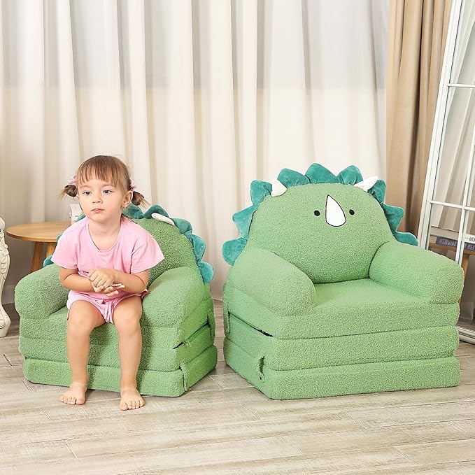 Foldable Kids Sofa, Triceratops Toddler Couch With Tri Folding Foam Cushions, Comfy Couch for Ages 18 Months and Up
